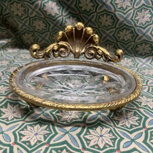 VTG Gold Gilt Shell Motif /Crystal Glass Soap Dish  Hollywood Regency  MCM  #B